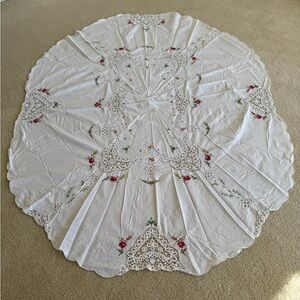 Vintage Hand Embroidered Tablecloth with Lace Inserts
